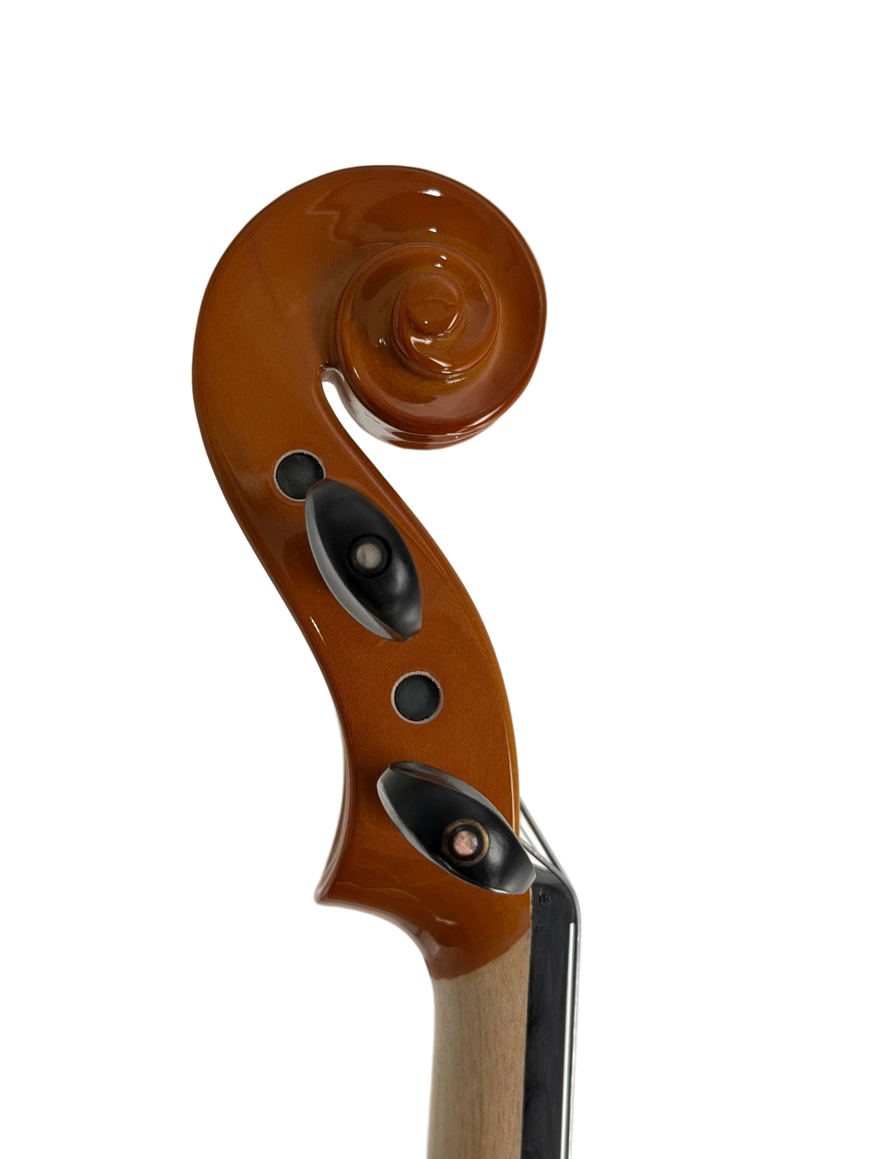 A close-up of the Geneva Electric Violin’s scroll highlights its elegant spiral and wood grain, with tuning peg holes visible—ideal for silent practice or amplified performance, professionally set up with a Shadow Preamp at Atelier.