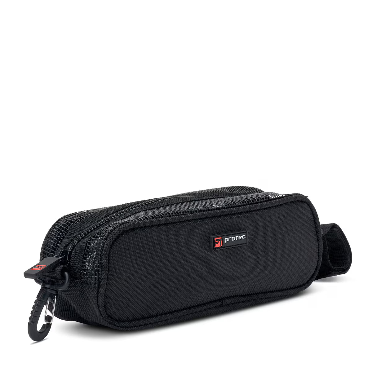 The Protec Violin / Viola Shoulder Rest Pouch is black and rectangular, featuring a mesh side panel, small front Protec logo, and a plastic carabiner clip on one end.