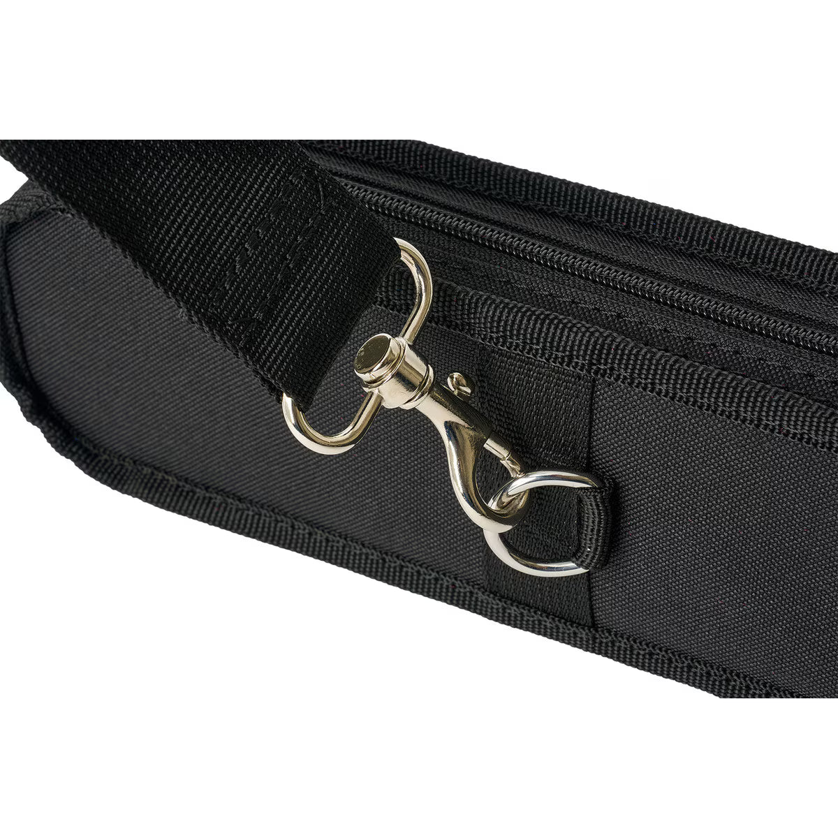 Close-up of the Protec Violin Bow Case in black fabric, featuring a metal clasp that secures the black shoulder strap to a metal D-ring on the side, positioned next to a zipper.