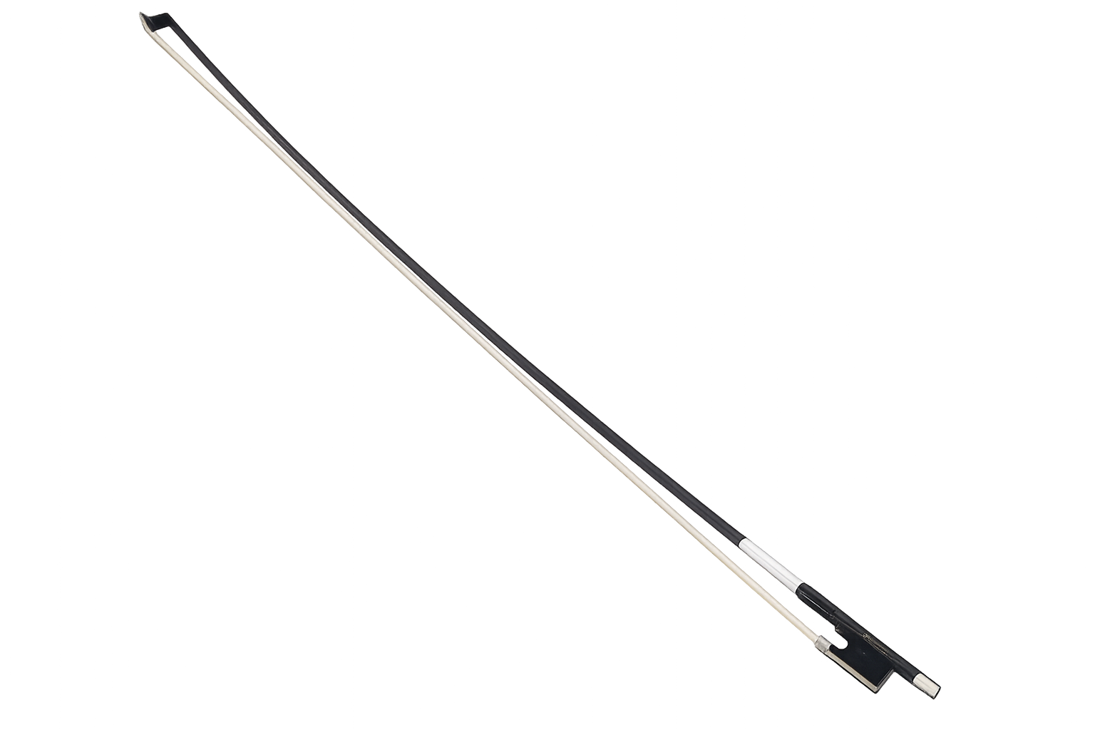 The Artino Aria BC-471 Carbon Fiber Violin Bow – 4/4 features a full-size black carbon fiber stick, white horsehair, and a black frog, shown against a plain white background. Designed for discerning violinists, this model offers both durability and excellent performance.