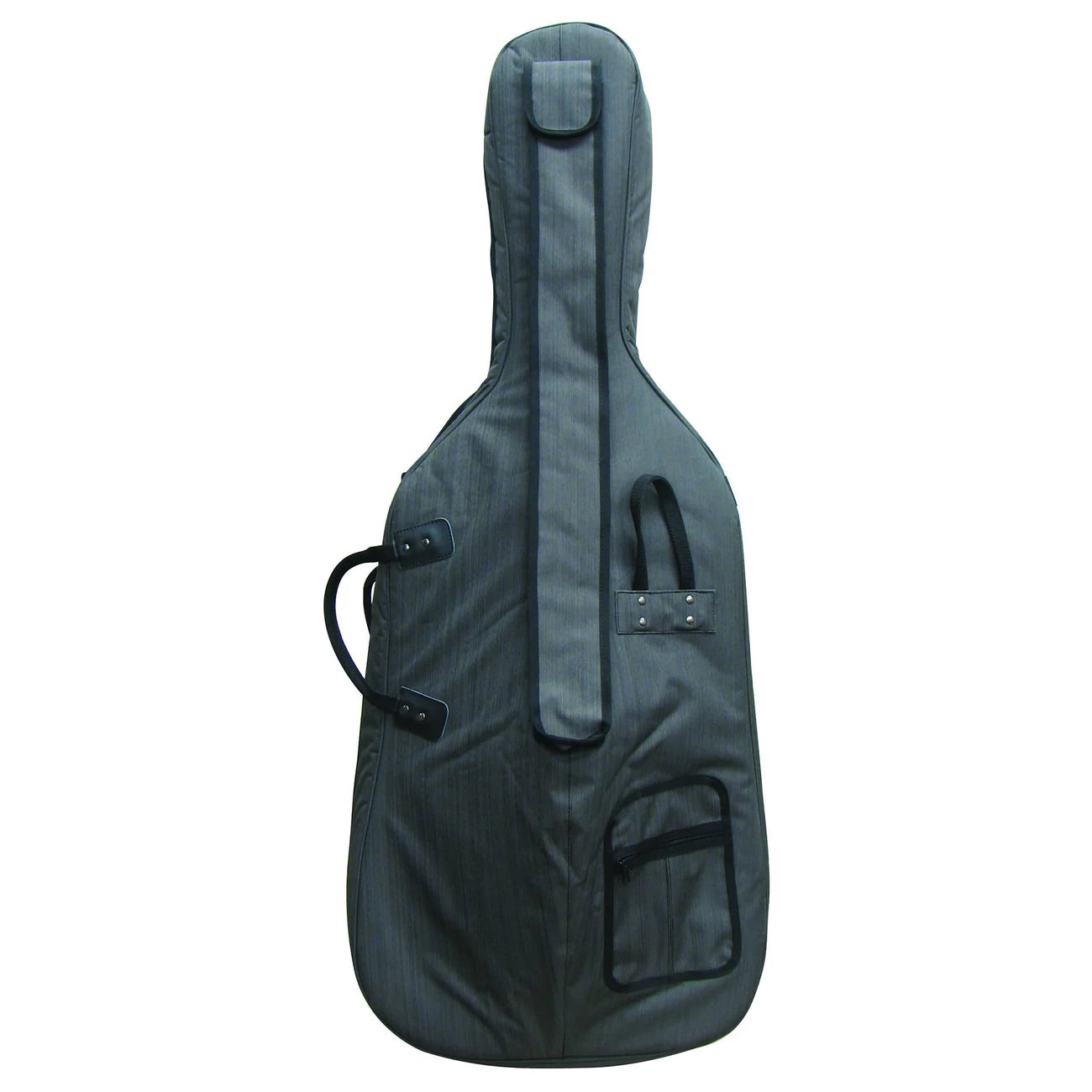 The CC1005 Elite Cello Bag is a black, padded soft case for cello with handles, a zippered pocket, and backpack-style carrying shoulder straps, shown standing upright against a white background.