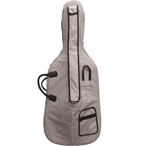 The CC1005 Elite Cello Bag, a gray soft case with black trim, front pockets, and side carrying handles, features convenient backpack-style straps and stands upright against a white background.