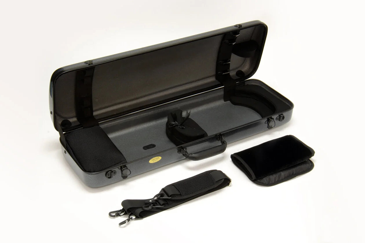 The Otto Musica Mirage CN-512 Oblong Violin Case in black carbon-hybrid is open, revealing its soft interior. Next to this lightweight case are a detachable strap, a small accessory pouch, and a rectangular padded cover, all displayed on a white background.