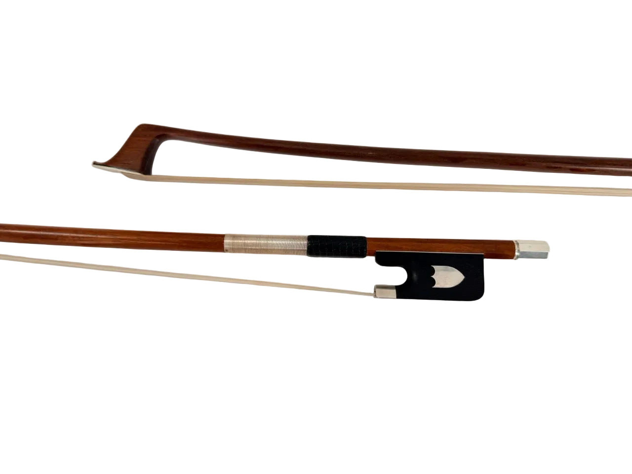 Pernambuco cello bow, silver mount with shield on ebony frog