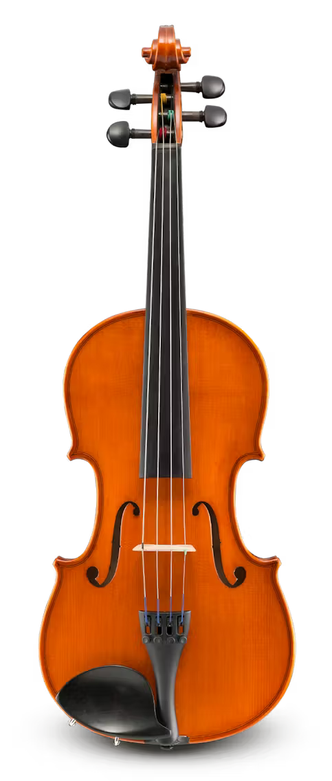 A full view of the Ivan Dunov Prelude VL140 Violin – Romanian Student Violin with four strings, black pegs, and chin rest, crafted from fine tonewoods and photographed against a plain white background.