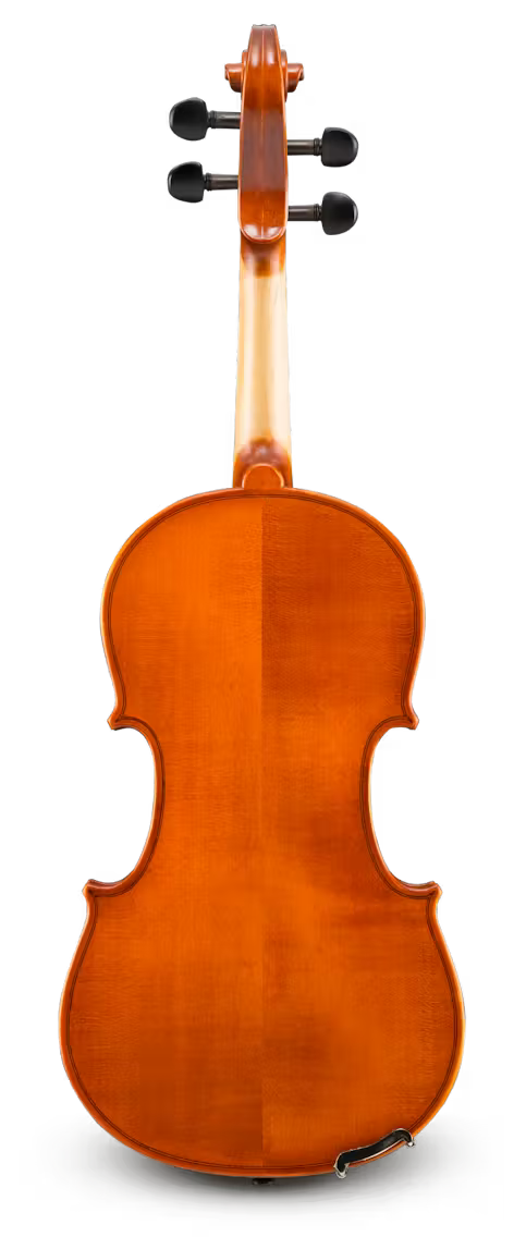 A full view of the back of an Ivan Dunov Prelude VL140 Violin – Romanian Student Violin, highlighting its glossy orange-brown finish and curved shape made from Romanian tonewoods, with tuning pegs visible against a light gradient background.