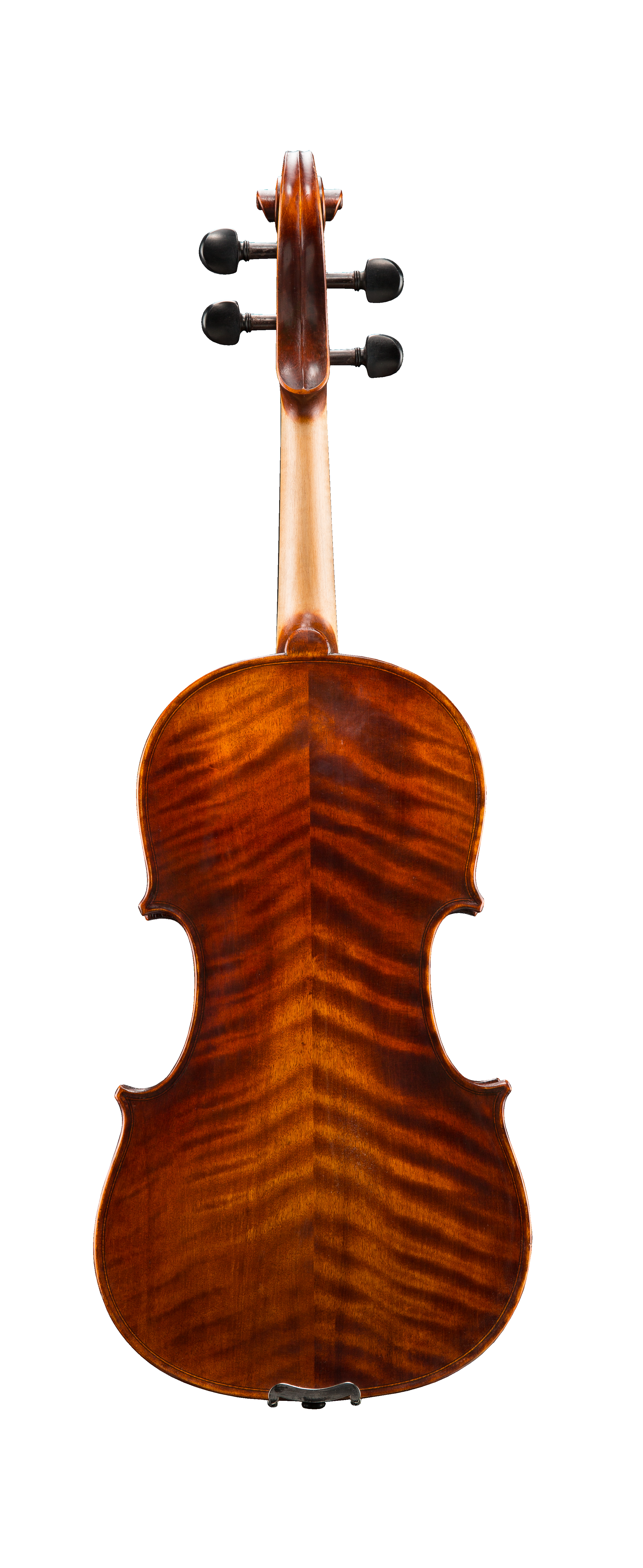 A viola viewed from the back, displaying its deep brown wood grain and lustrous, polished finish, with visible tuning pegs against a light background—echoing the refined craftsmanship of the Andreas Eastman VA305 Stradivari Viola.