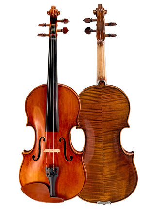 Two violins from the Atelier Violin Outfit Special are shown: one faces forward, highlighting strings and f-holes, while the other shows its polished brown wood grain.