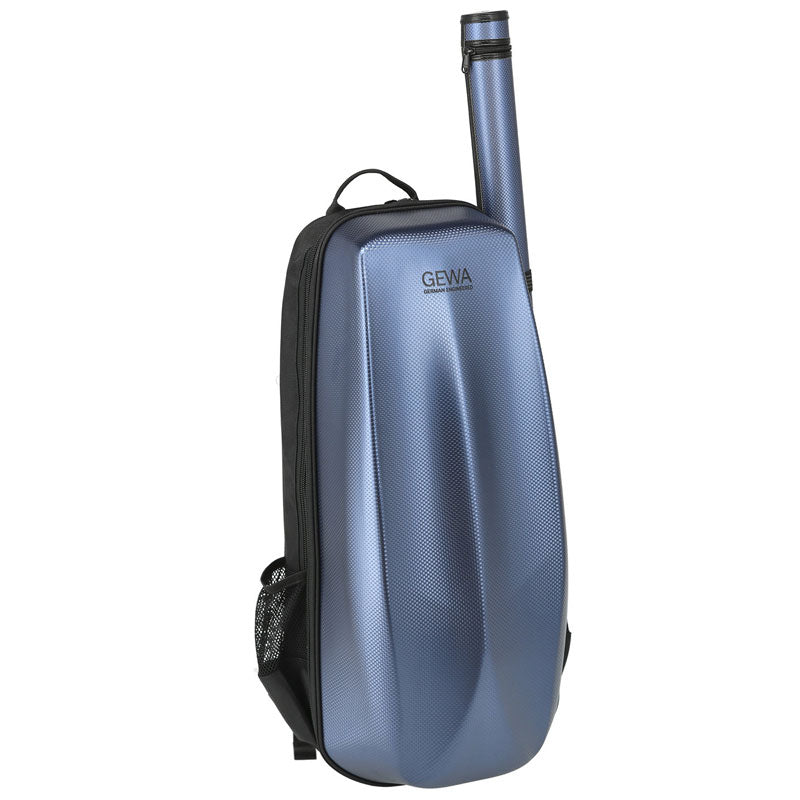A blue hard-shell GEWA Space Bag Violin Rucksack Case – Arctic Blue (suitable for 4/4 & 3/4 violins), featuring a black handle and an upright cylindrical compartment, designed for carrying musical instruments.