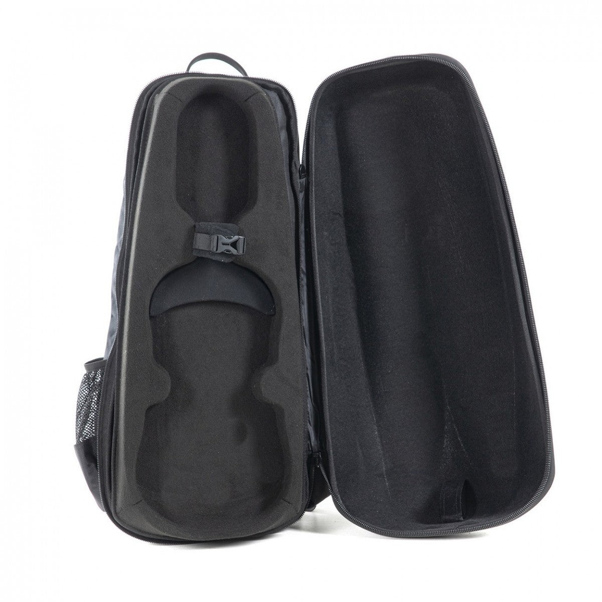 The GEWA Space Bag Violin Rucksack Case – Arctic Blue | 4/4 & 3/4 is shown open, revealing a custom-molded interior designed to securely cradle and protect a violin and its bow. The hard-shell case features a soft, padded lining and includes a small storage compartment.