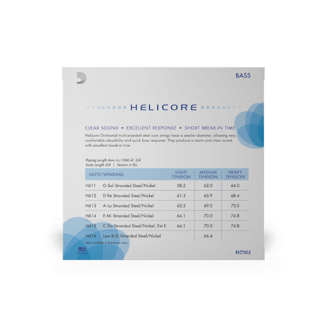 The Helicore Bass String Medium Tension E String packaging features a chart comparing note, winding type, and tensions in lbs, with a white and blue design highlighting the Helicore logo for orchestral double bass players.