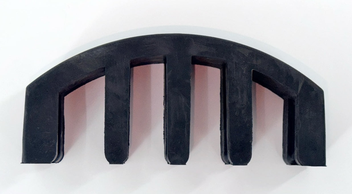 The Ultra Practice Bass Mute – Heavy Rubber (5-Prong) is a black, semi-circular mute with five thick vertical openings, designed for quiet bass practice and minimalist style.