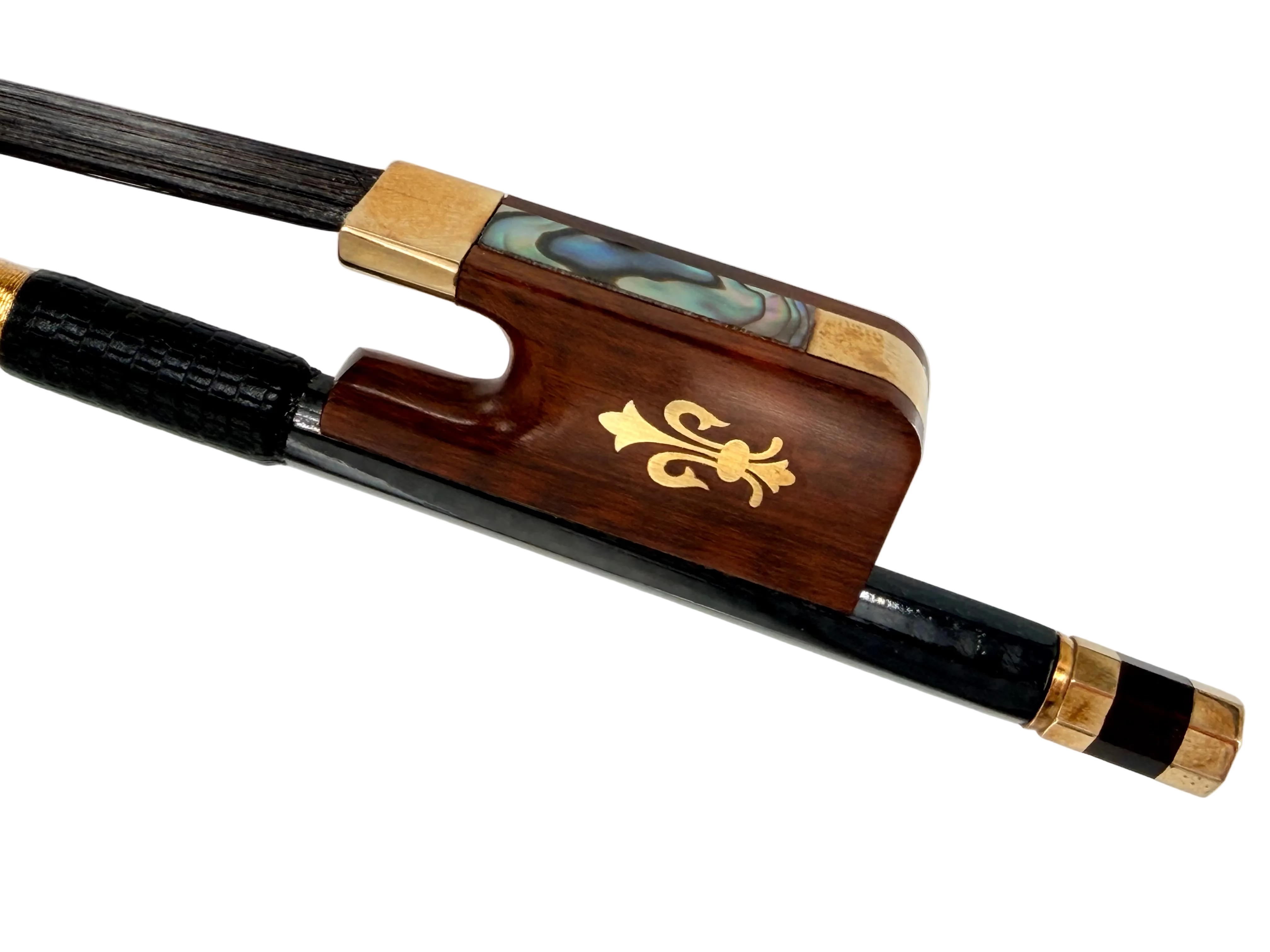 Close-up of a Nicely-Crafted Rosewood Frog Bow with Fleur-de-lis inlay, black leather grip, black horse hair, and medium to strong stiffness, isolated on a white background.