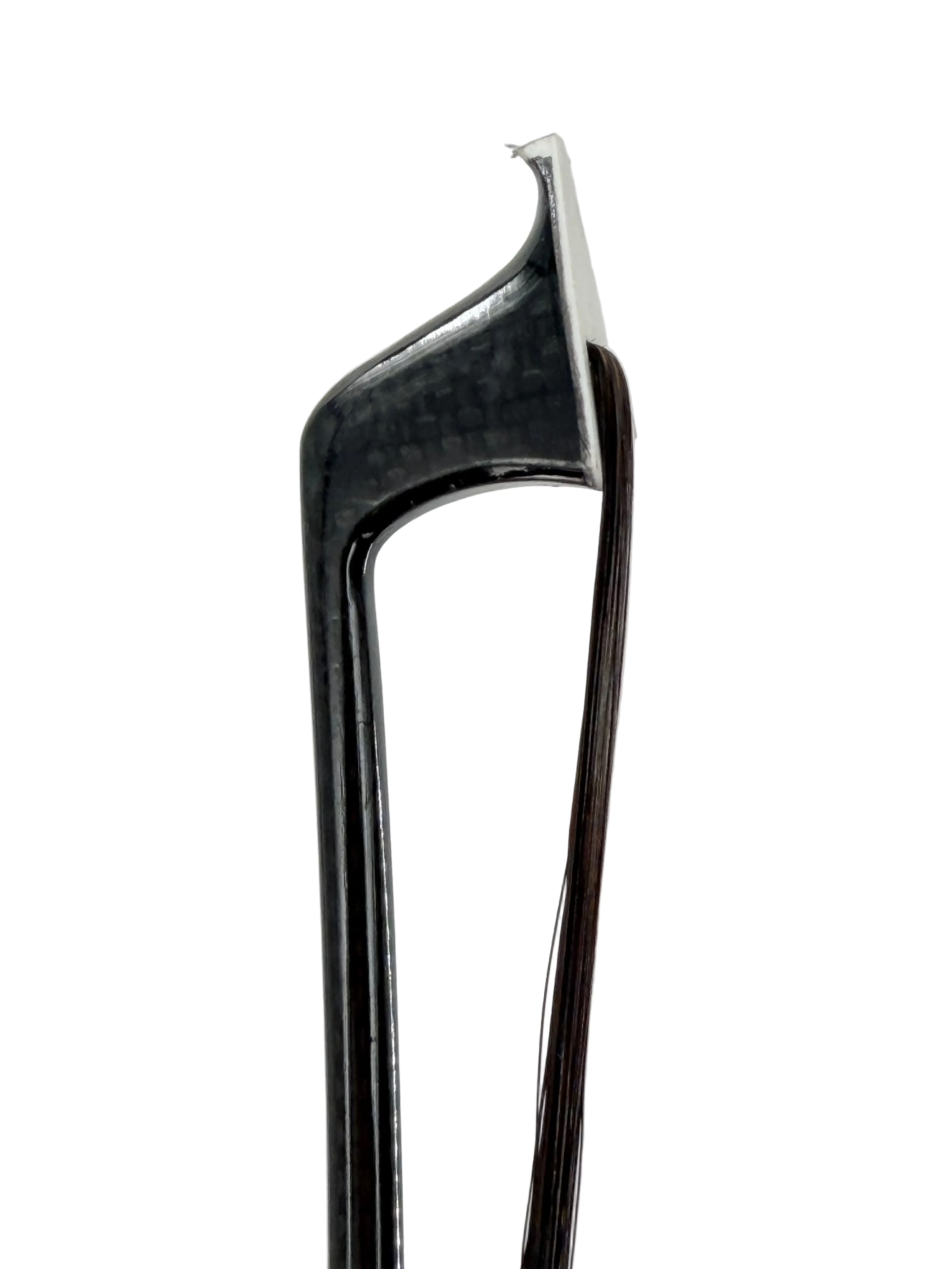 Close-up of the tip of a Nicely-Crafted Rosewood Frog Bow with Fleur-de-lis Inlay, featuring tightened black horsehair and a curved wooden structure, medium to strong stiffness, isolated on a white background.