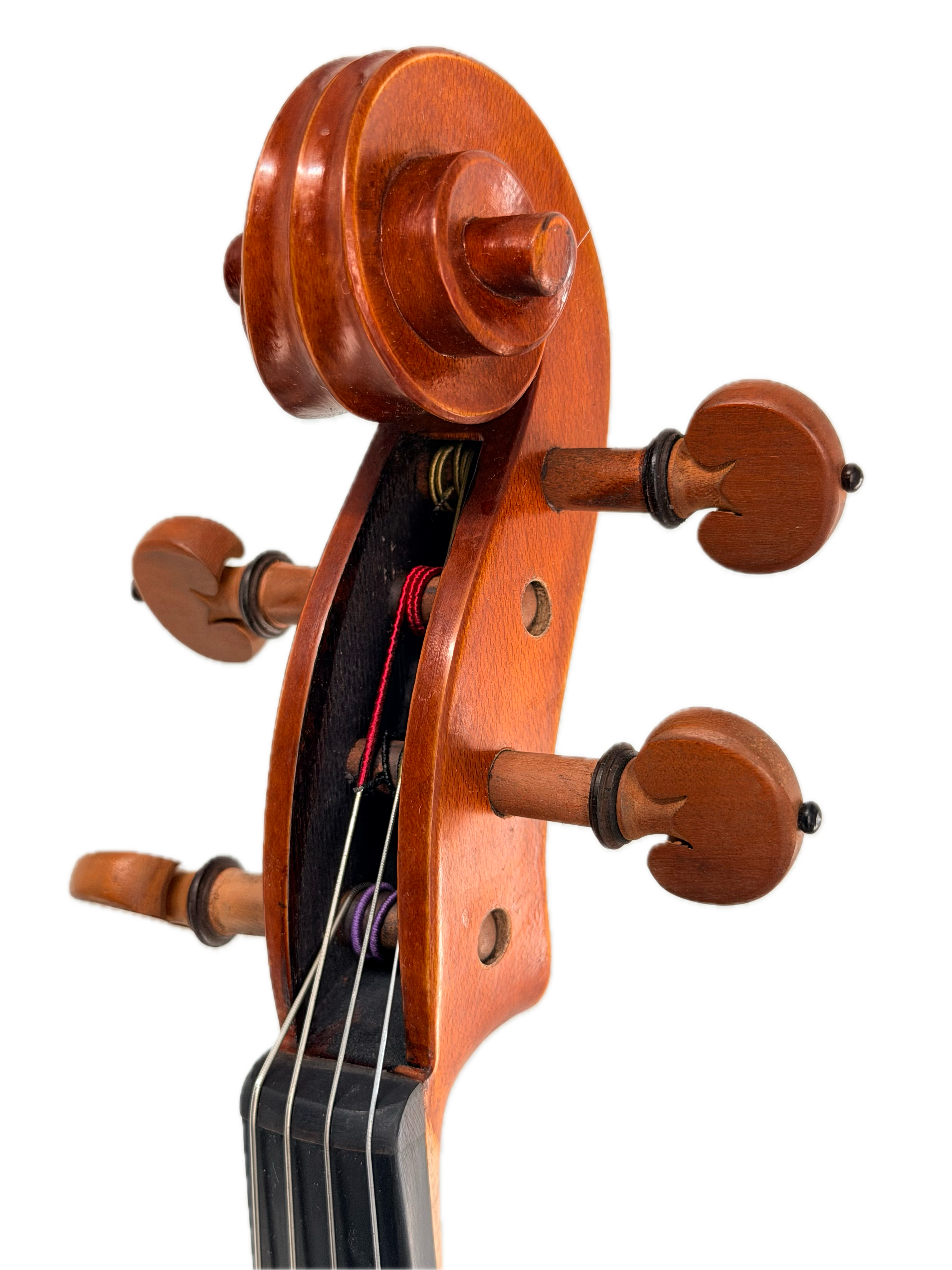 Close-up of the scroll and tuning pegs of a string instrument, likely a handcrafted viola such as the Andreas Eastman VA200 Stradivari Viola, featuring four strings and fine wood grain, isolated on a white background.