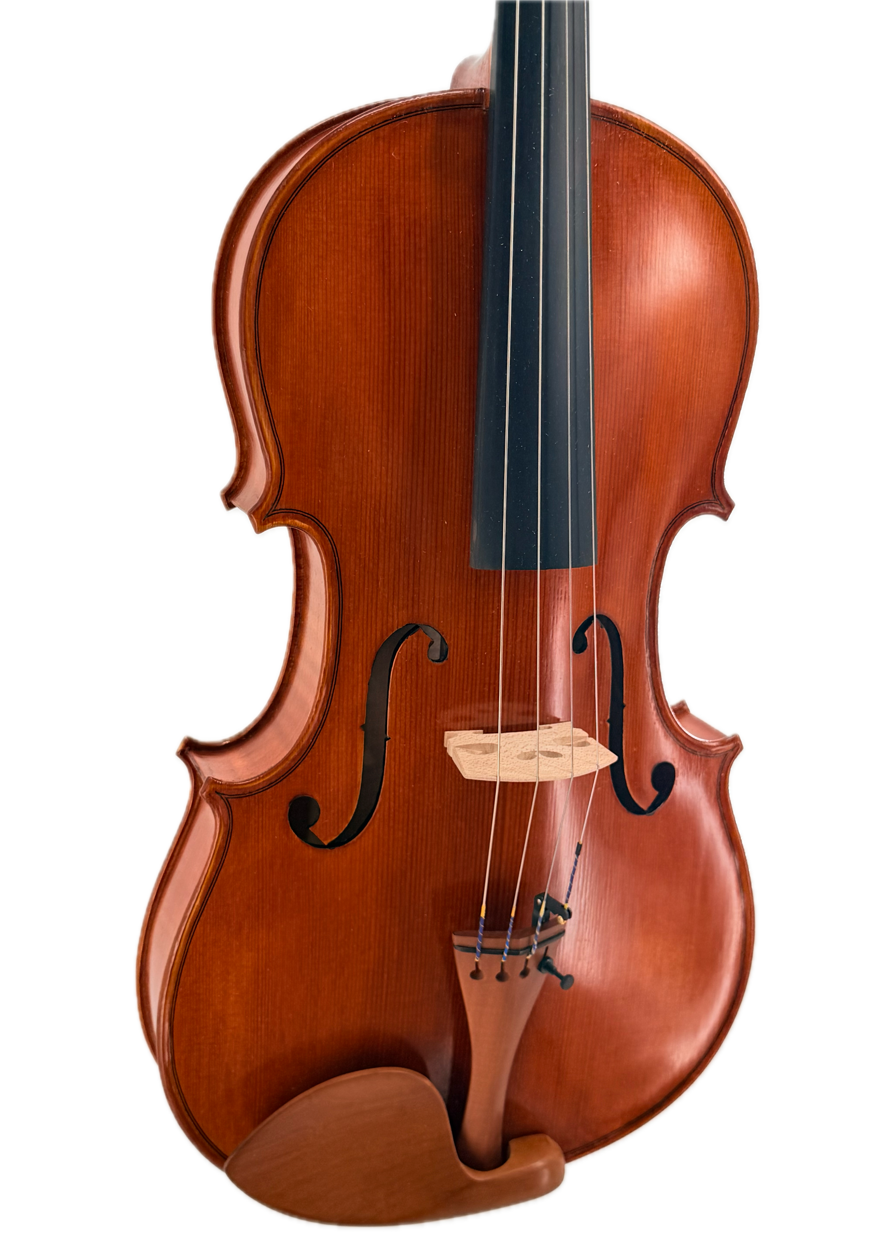 A close-up of the Andreas Eastman VA200 Stradivari Viola showcases its handcrafted brown body, detailed strings, f-holes, bridge, and tailpiece—evoking classic Stradivari elegance—set against a plain white background.