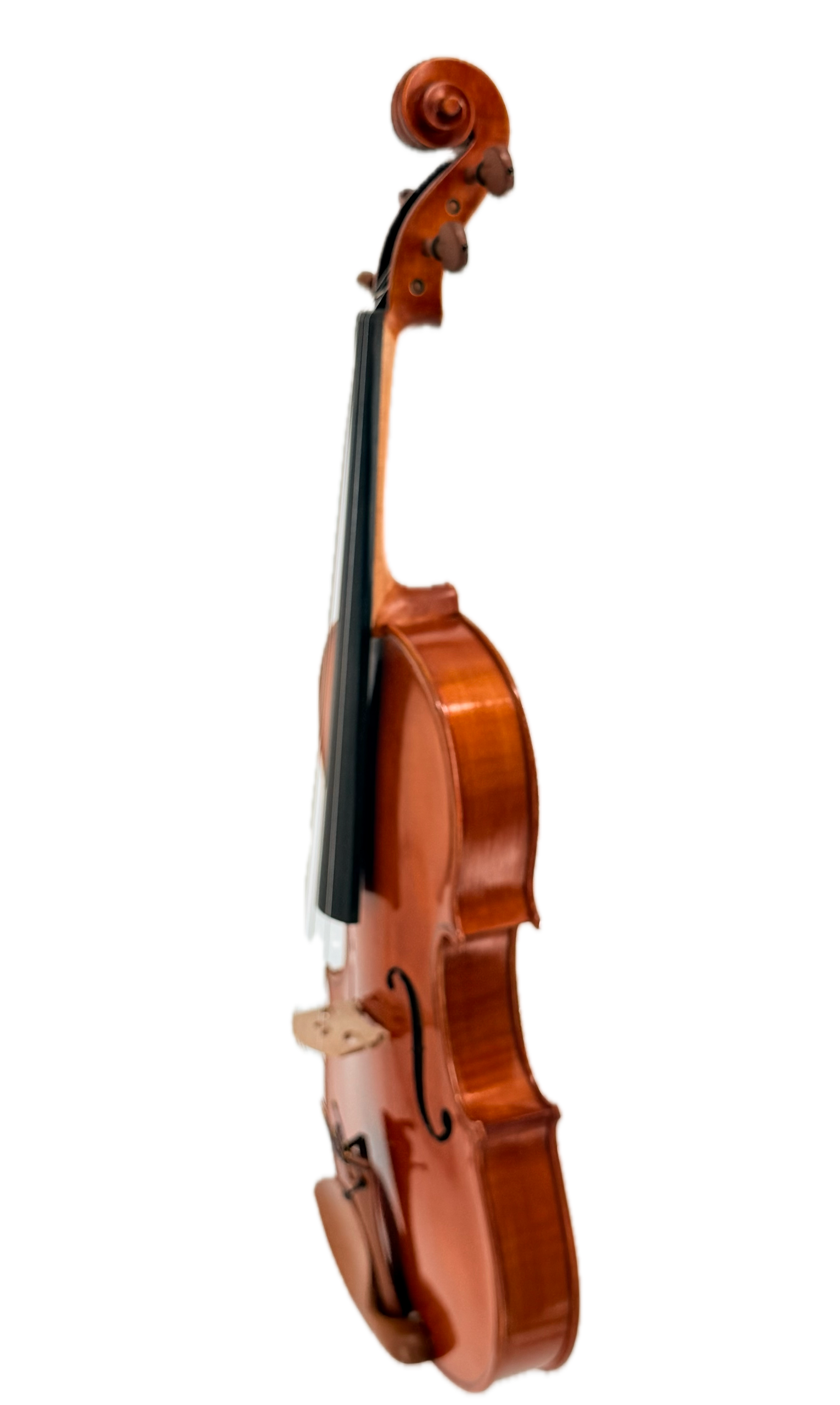 An Andreas Eastman VA200 Stradivari Viola stands upright, photographed from the side against a plain white background. The strings, chinrest, and gracefully curved body are visible, evoking the elegance of a classic Stradivari viola.