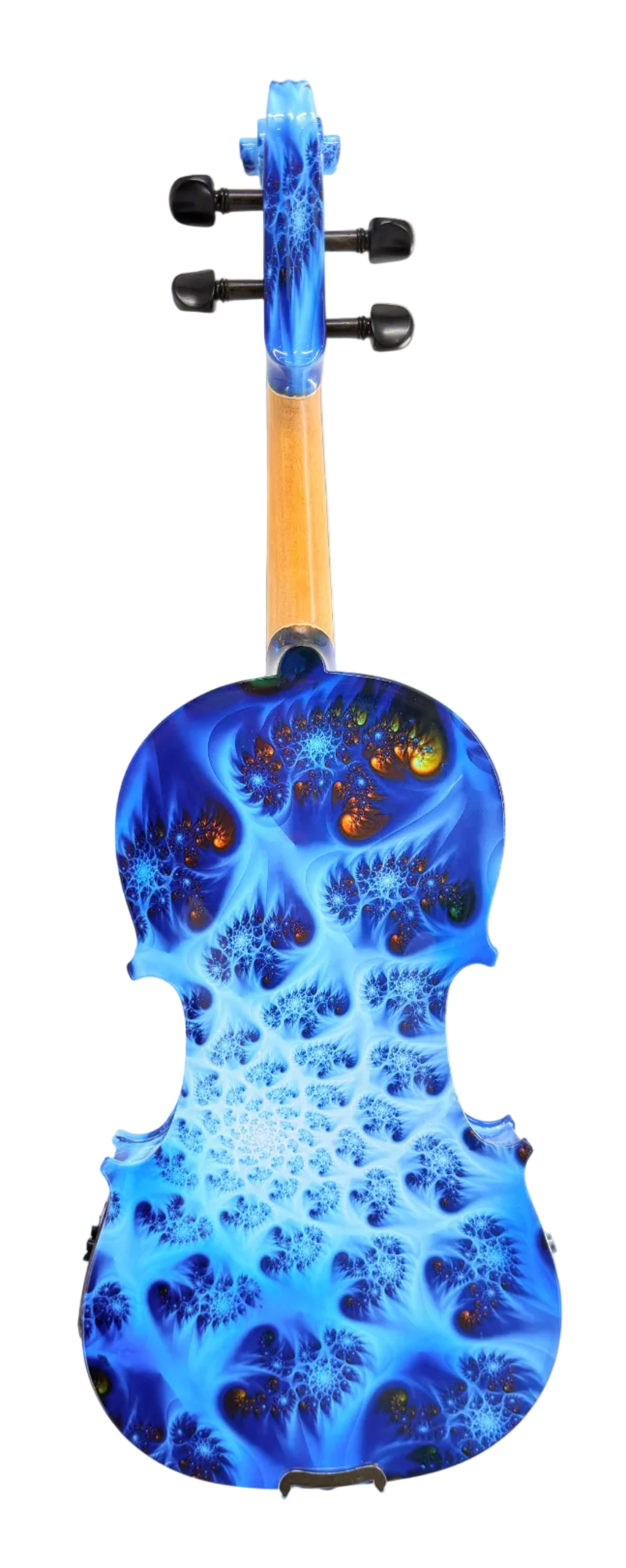 The Geneva Acoustic / Electric Violin features a wooden neck and a striking blue fractal pattern painted on its back, adorned with intricate, swirling designs in blue, white, and subtle orange accents. Professionally set up for optimal performance, this violin also includes an upgraded bow for enhanced playability.