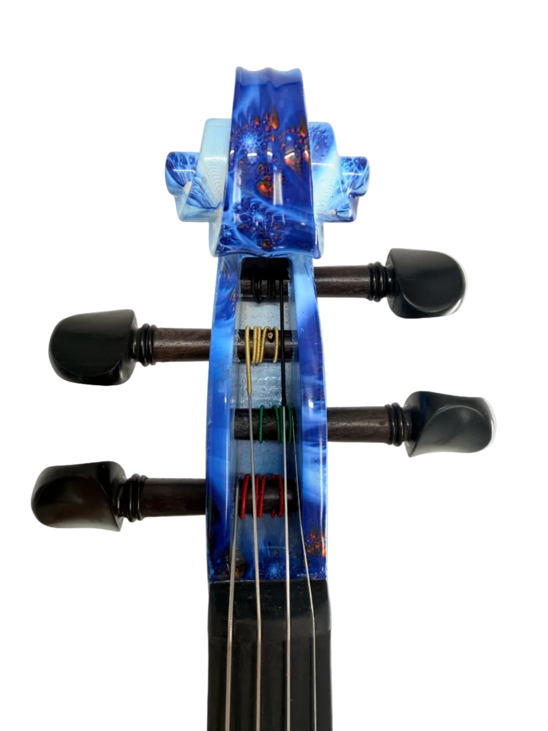 Close-up of a blue, semi-transparent Geneva Acoustic / Electric Violin scroll and pegbox with four black tuning pegs and four strings, photographed from above against a white background.