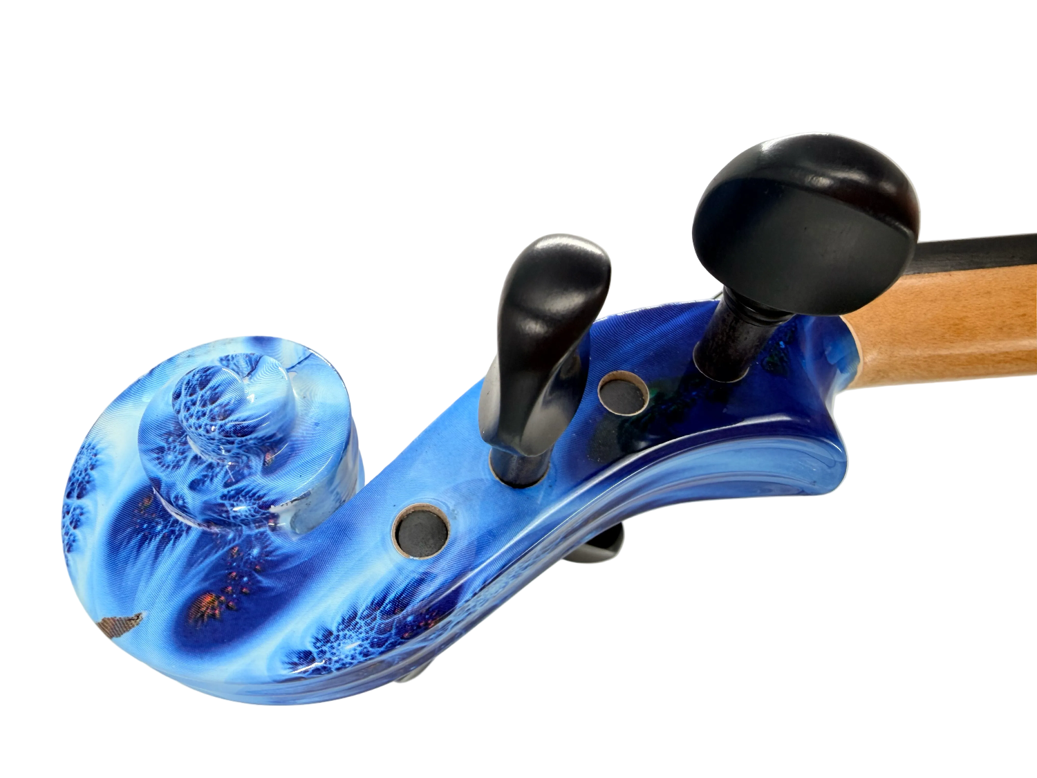 Close-up of the Geneva Acoustic / Electric Violin’s headstock and tuning pegs, showcasing a distinctive blue marbled finish with a wooden fingerboard, isolated on a white background. This model features a professional setup for outstanding playability.
