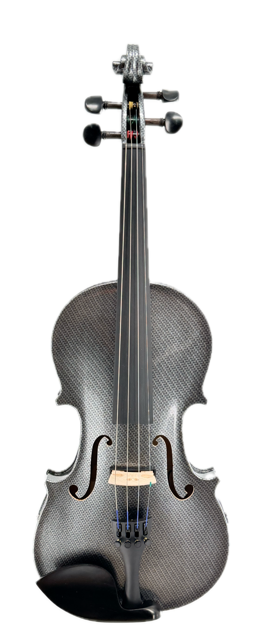 A carbon fiber violin shown from a side profile view against a solid white background.