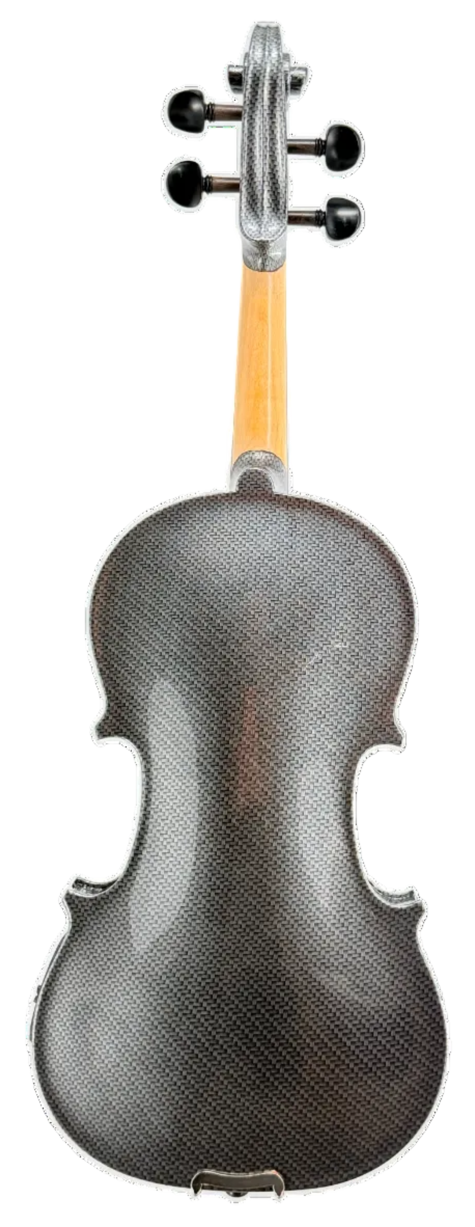 A carbon fiber violin shown from the back, featuring a textured dark gray body, a light wood neck, and black tuning pegs on a plain white background.