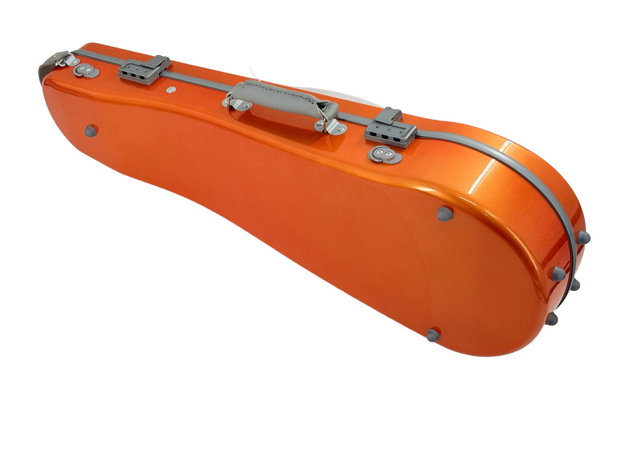 A Negri Eternity Carbon Fiber Shaped Violin Case in Fury Orange, featuring a bright orange hard shell with gray trim, handle, and latches, is shown on a white background.