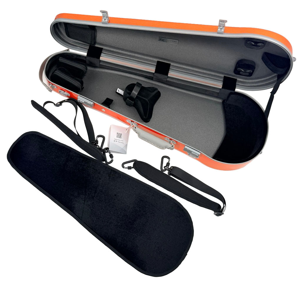 An open Negri Eternity Carbon Fiber Shaped Violin Case in Fury Orange, featuring a black interior, shoulder strap, and detachable cover displayed beside it. The empty case reveals dedicated compartments for the violin and accessories.