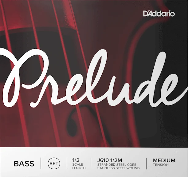 Close-up of the D’Addario Prelude Double Bass String Set – Medium Tension packaging, showcasing the white Prelude script on a red string instrument background. Below, the text highlights these student double bass strings as steel core strings and lists details such as set type, scale length, material, and tension.