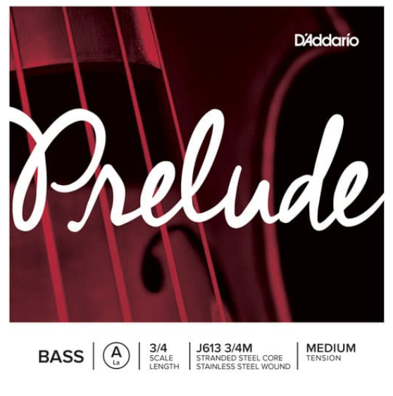 Close-up of the D’Addario Prelude Bass A String package, featuring stylized Prelude branding over a string instrument image. The packaging displays 3/4 scale, stranded steel core, and medium tension—emphasizing this durable bass string’s warm, balanced tone.