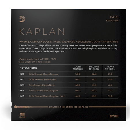 D'Addario Kaplan Bass String Set, 3/4 Scale, Medium Tension