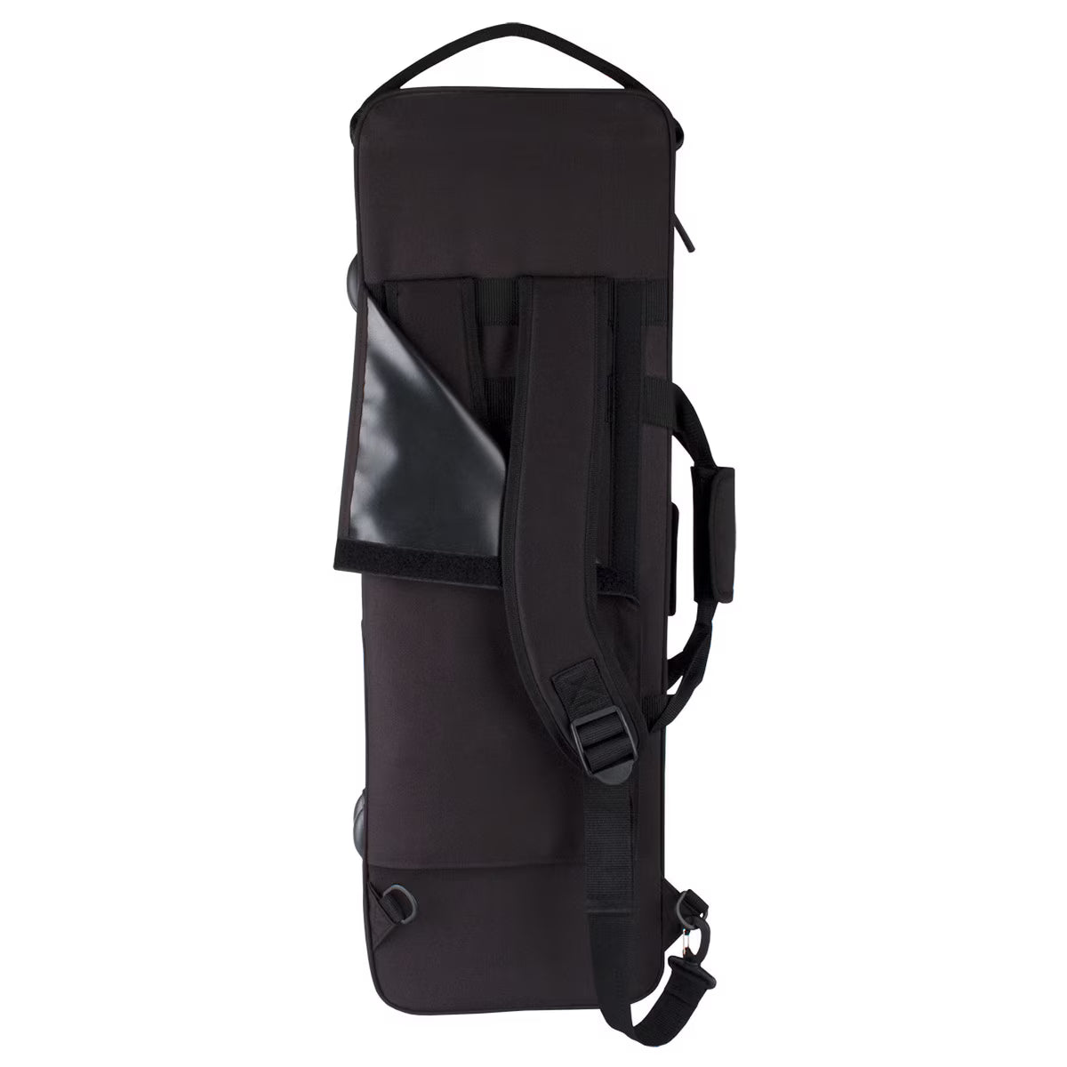 The Protec MAX Oblong Violin Case – 4/4 Full Size, Black features a handle, shoulder strap, and external flap pocket—ideal for students to transport their instrument securely and comfortably.