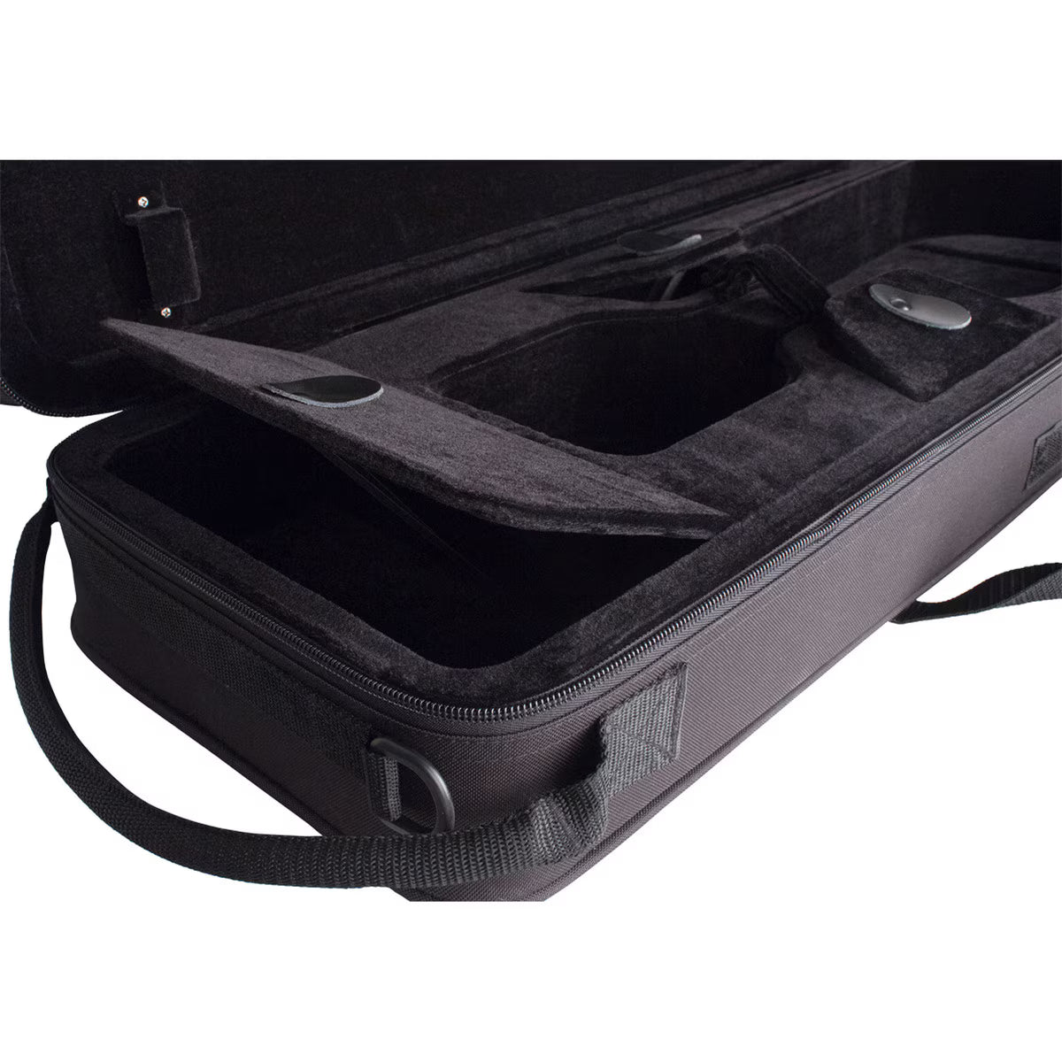 The Protec MAX Oblong Violin Case – 4/4 Full Size, Black, features a soft interior, secure snap-button compartments and flaps, plus a fabric side handle. Perfect for students needing safe storage for their full-size violin.