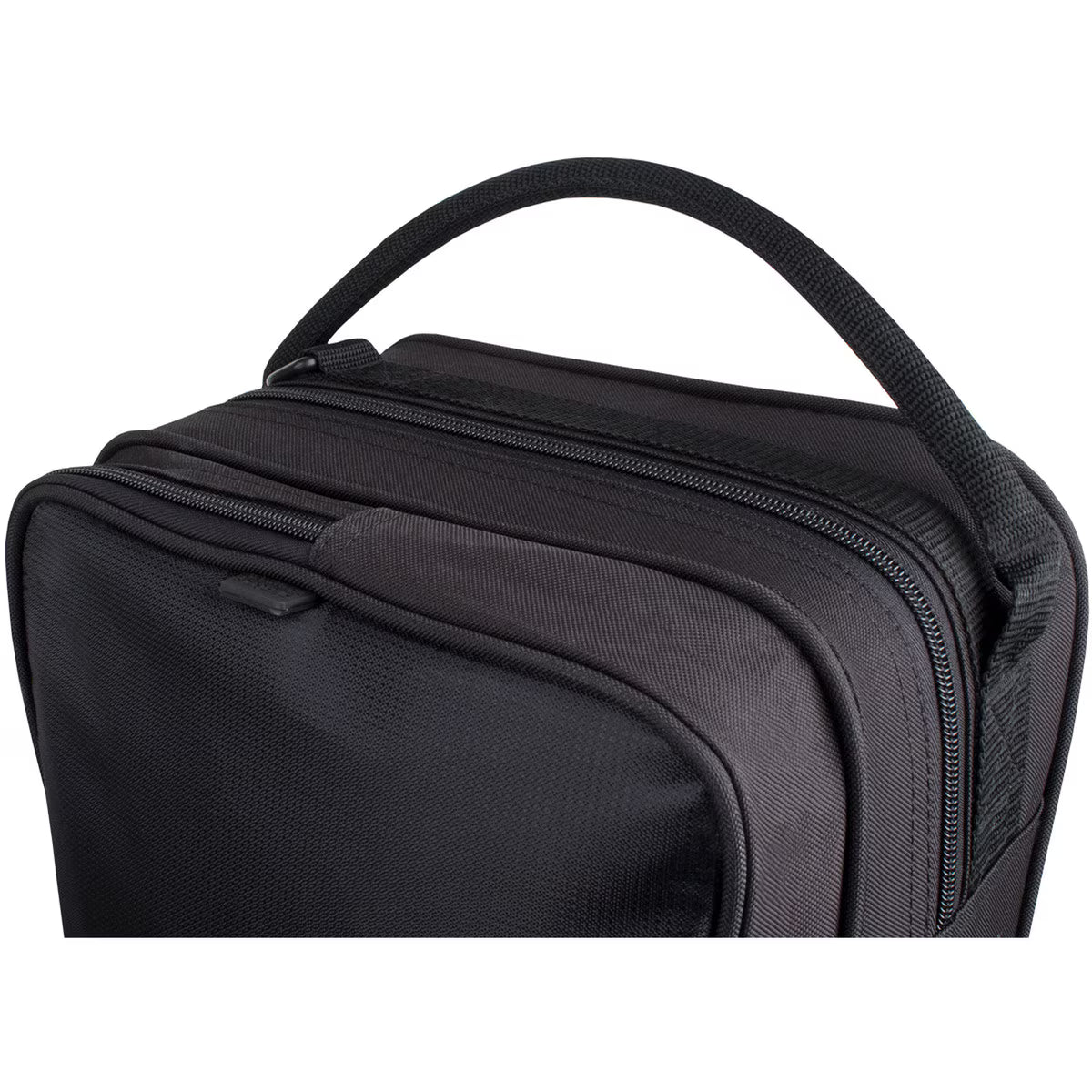 Close-up of the Protec MAX Oblong Violin Case – 4/4 Full Size, Black, featuring a sturdy carrying handle and two zippered compartments—an ideal case for student violinists.