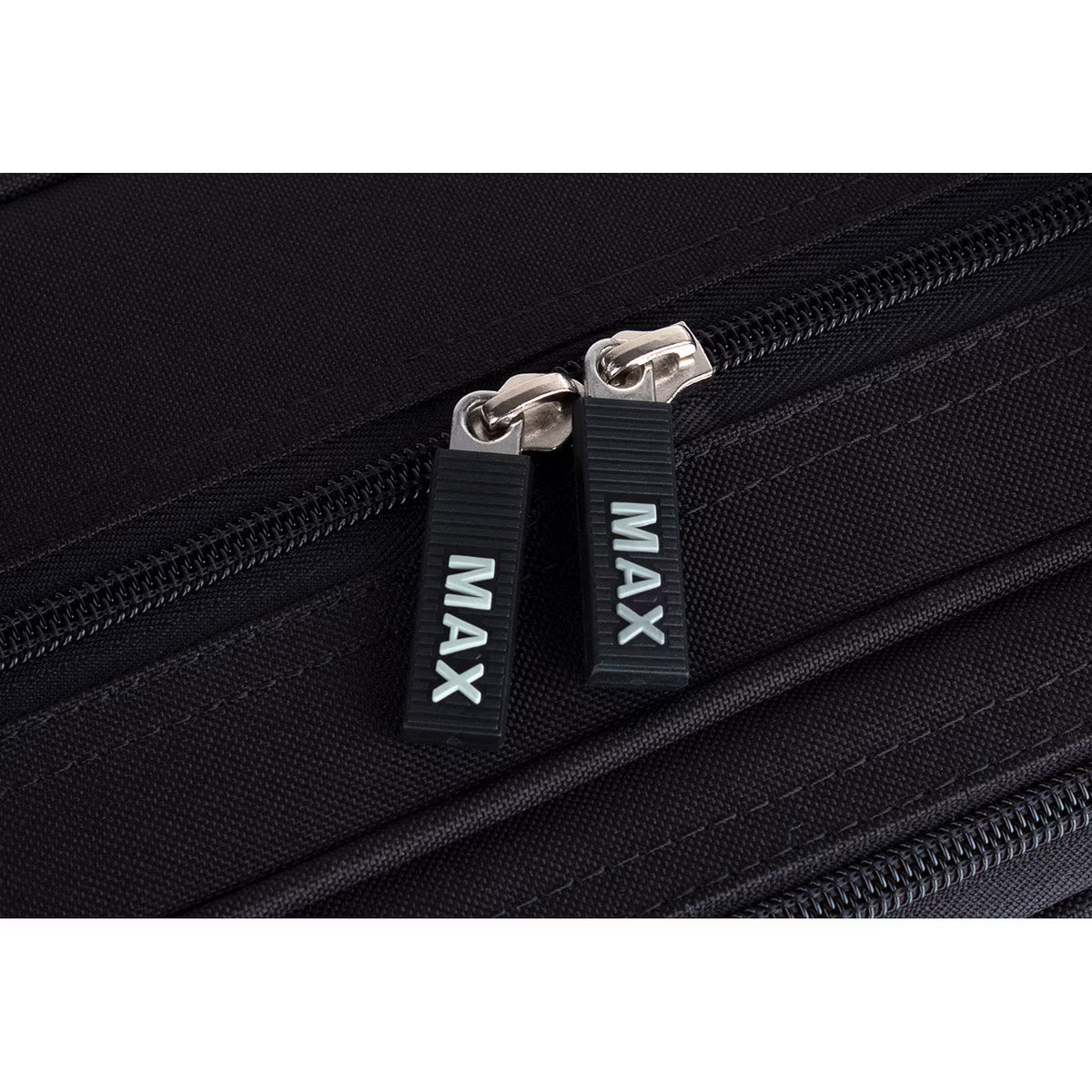 Close-up of two black zipper pulls marked "MAX" on the Protec MAX Oblong Violin Case – 4/4 Full Size, Black, ideal for students or as a protective full-size violin case.