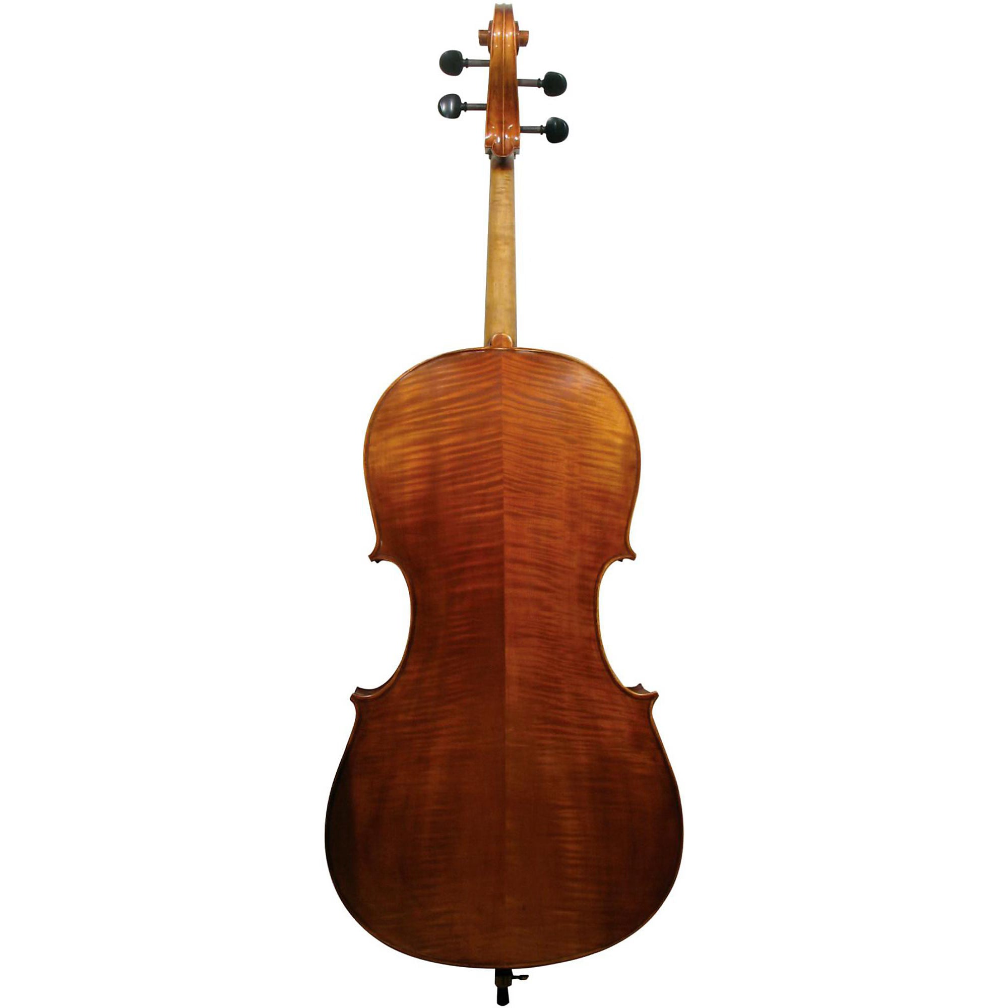 The Canzona Milano 400 Cello Outfit is shown from the back, highlighting its polished wooden surface, curved shape, vertical wood grain, neck, tuning pegs, and part of the endpin.