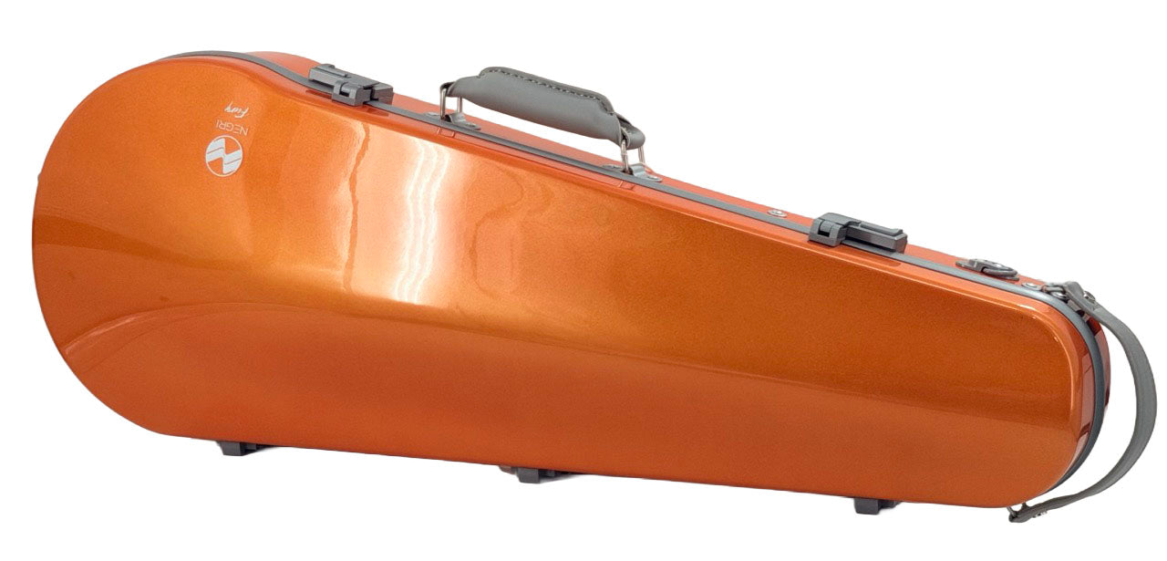 A Negri Eternity Carbon Fiber Shaped Violin Case in Fury Orange, featuring a glossy hard shell, handle, latches, and shoulder strap, is displayed against a white background.