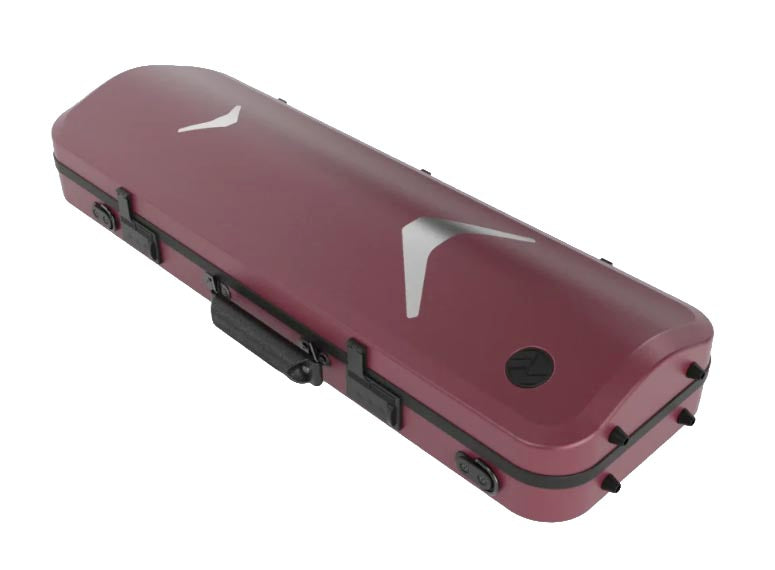 A Negri Quantum ABS Violin Case – Imperial Red “The IronMan,” featuring black latches and handle, and adorned with two silver arrow-shaped designs on the lid, displayed against a white background.