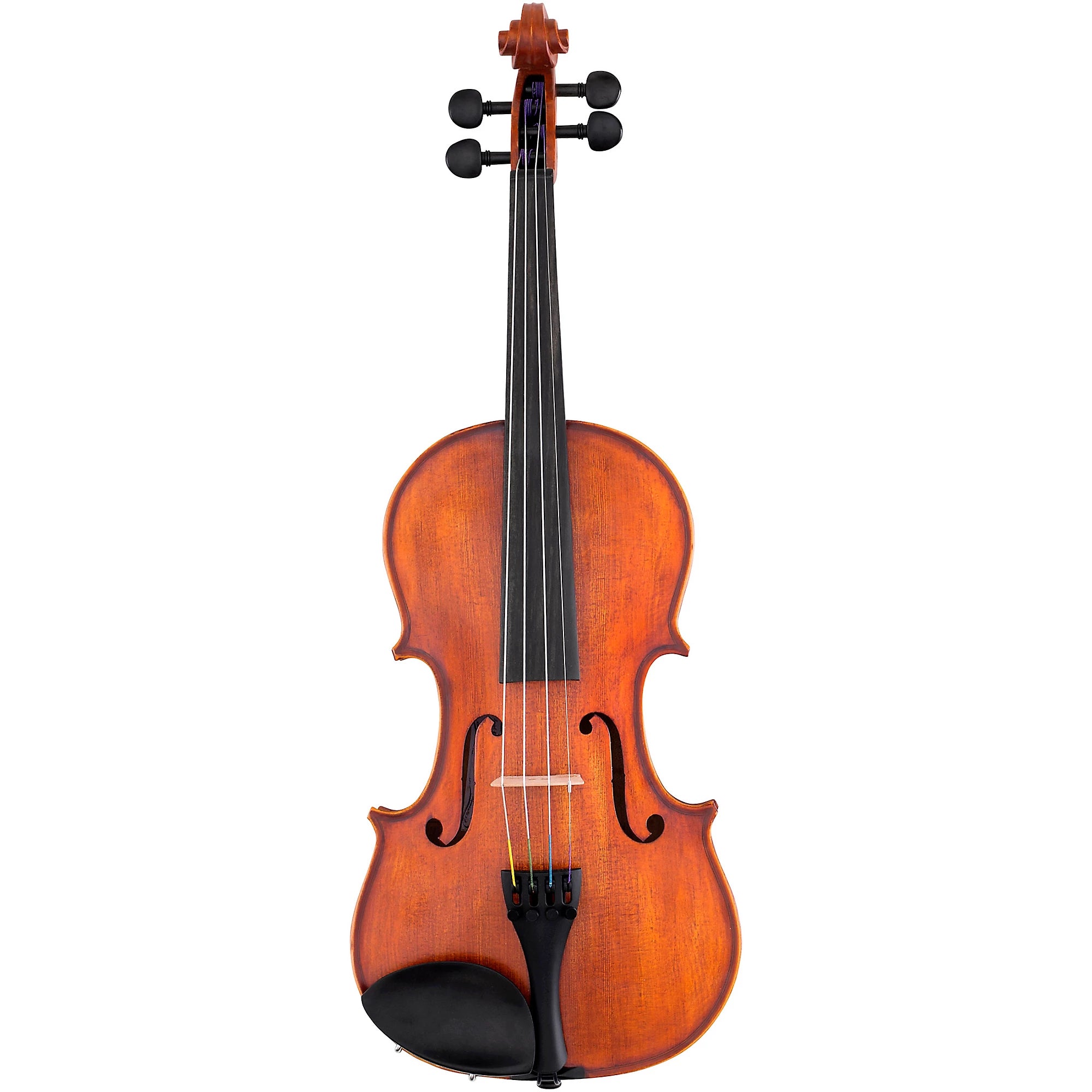 The Scherl & Roth SR51 Violin Outfit is shown on a white background; it is a full-sized student violin featuring a reddish-brown wooden body with black fingerboard, tailpiece, tuning pegs, and chinrest. This instrument comes professionally set up and is strung with Thomastik-Infeld Dominant strings for enhanced sound quality and playability.