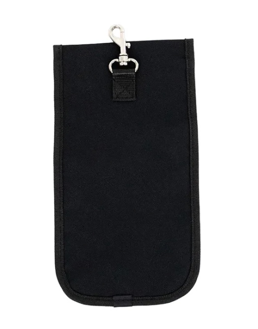 The Pouch for Shoulder Rest is a black fabric accessory featuring a metal clip at the top, perfect for attaching to belts or bags. Designed with rounded bottom corners and a straight top edge, this instrument case accessory offers convenient storage and portability for your shoulder rest.
