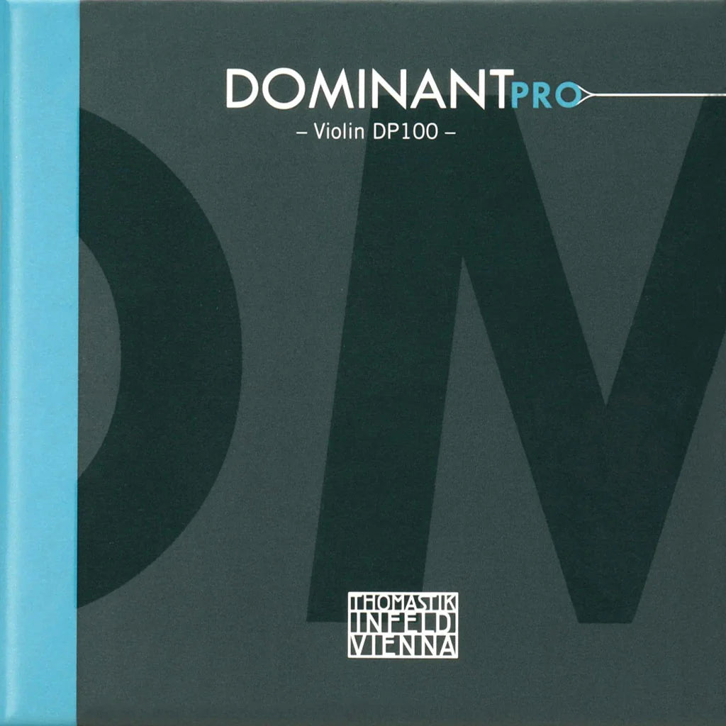 The Thomastik-Infeld Dominant Pro DP100 Violin String Set – 4/4 Medium comes in dark green packaging with bold “DM” letters and a distinctive blue stripe on the left, featuring the Thomastik-Infeld Vienna logo at the bottom. Designed with a synthetic core for powerful projection, these strings are a reliable choice for discerning musicians seeking exceptional performance.