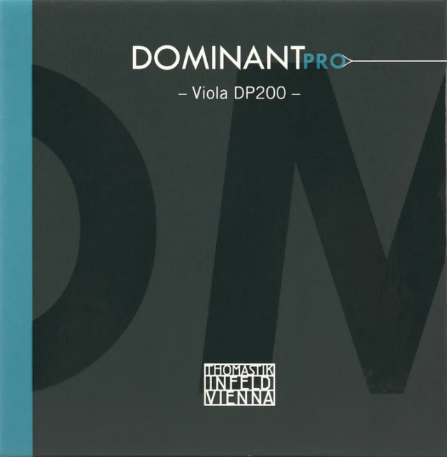 The Thomastik-Infeld Dominant Pro DP100 Violin String Set – 4/4 Medium comes in packaging featuring prominent “DM” lettering, a teal vertical stripe along the left side, and the Thomastik-Infeld Vienna logo at the bottom—emphasizing its powerful projection and tonal flexibility that distinguish Dominant Pro violin strings.