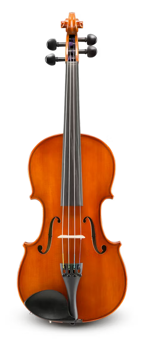 The Samuel Eastman Model 80 Violin – Student Violin Outfit is shown vertically against a plain white background, featuring four strings, black pegs and tailpiece, and a chin rest in a classic handcrafted style.