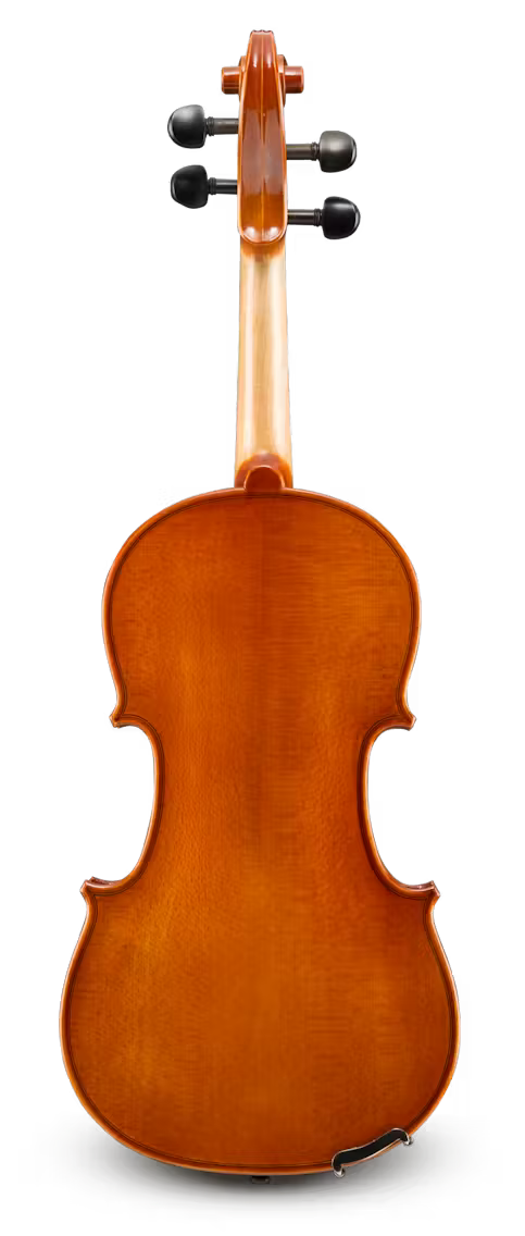 A back view of the Samuel Eastman Model 80 Violin – Student Violin Outfit, showcasing its polished finish, neck, tuning pegs, and back plate against a plain white background.