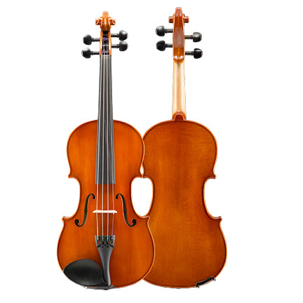 The Samuel Eastman Model 80 Violin – Student Violin Outfit is shown upright against a white background, with one displaying the front strings and fingerboard and the other showing the back’s wood grain and smooth finish.