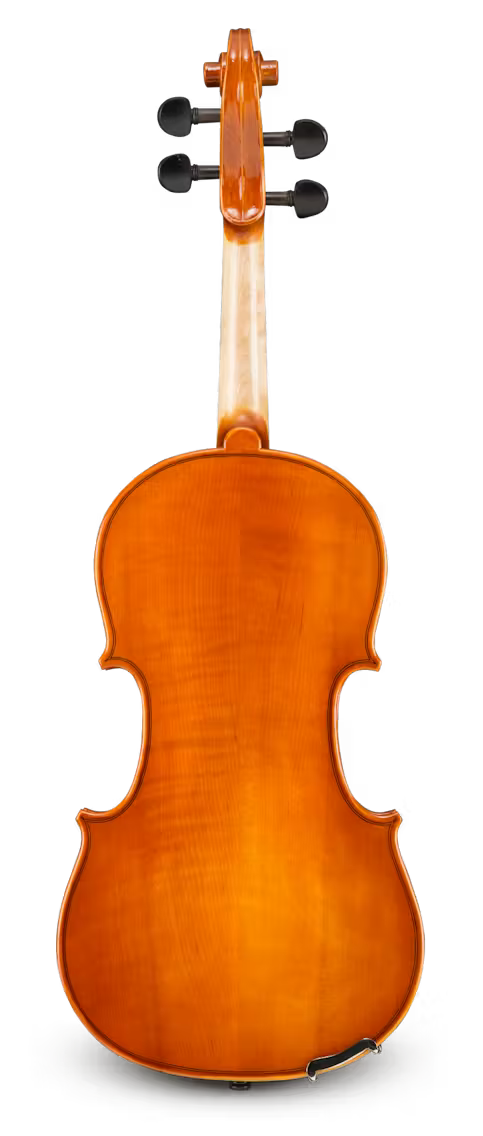 A full rear view of the Samuel Eastman VL100 Violin Outfit – Complete Student Violin Package, featuring a polished reddish-brown finish, smooth curves, and visible tuning pegs—perfect for students.