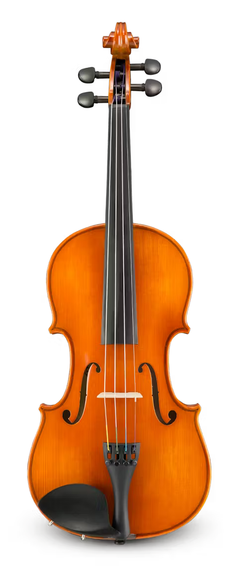 A full view of the Samuel Eastman VL100 Violin Outfit – Complete Student Violin Package, featuring four strings, black tuning pegs, fingerboard and chin rest—ideal for beginners—isolated on a light background.