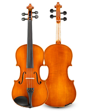 Front and back of the Samuel Eastman VL100 Student Violins are shown: one displays the front with strings, bridge, and fingerboard, the other shows the polished wooden back. Both beginner violin outfits are set against a white background.