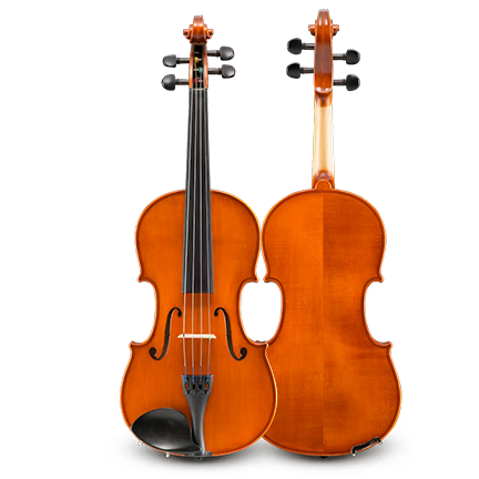 Two Ivan Dunov Prelude VL140 Romanian Student Violins are shown: one displays its strings and fingerboard, while the other shows the polished wood back, both crafted from warm brown Romanian tonewoods.