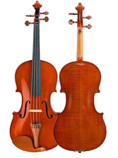Two views of the Eastman VL200 violin on a plain white background: the front view on the left showing the body, neck, and strings, and the back view on the right showing the polished wood grain.
